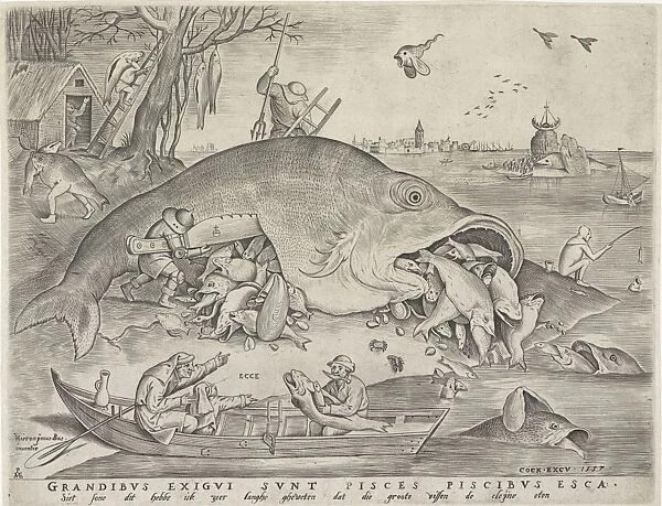 Big fish eat small fish, Pieter van der Heyden, Pieter Brueghel (I), Hieronymus Cock