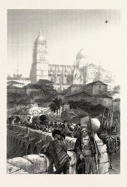 The bridge of Salamanca, Spain, 19th century engraving