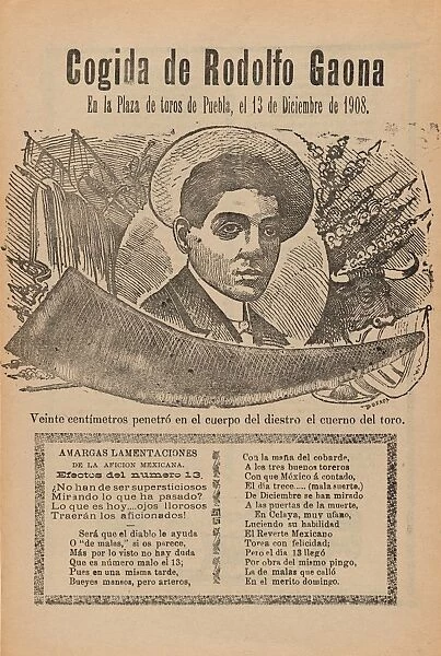 Broadsheet, relating, bullfight, famous bullfighter Rodolfo Gaona, ring, Puebla, 13 December 1908
