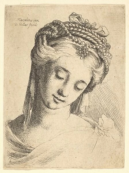 Bust young woman elaborate headdress looking down