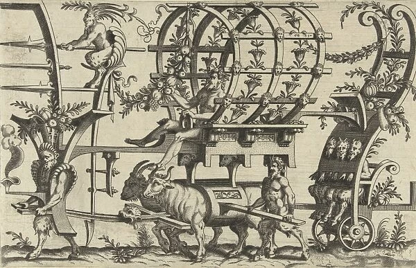 Chariot drawn by a satyr and two bulls, print maker: Anonymous, Cornelis Bos, 1550