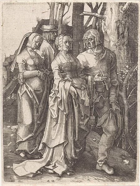 Two couples in the woods, print maker: attributed to Johannes Wierix, Lucas van Leyden
