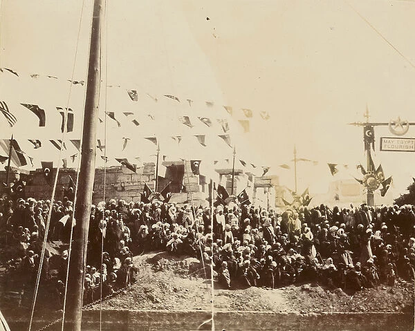 Crowd under multi-national flags Egypt 1860 1880
