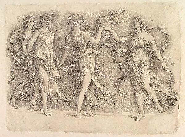 Four Dancing Muses ca 1497 Engraving plate 10 1  /  4 x 13 3  /  4
