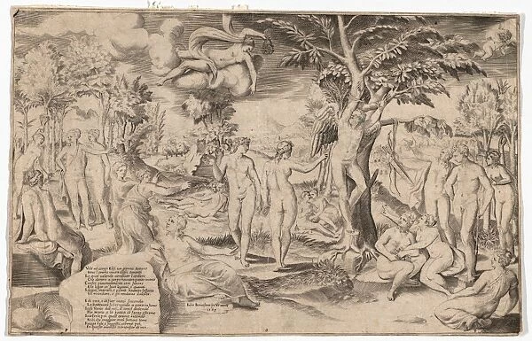 Drawings Prints, Print, Cupid, Elysian, Fields, tied, tree, centre, surrounded many figures