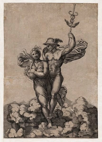 Drawings Prints, Print, Two figures clouds, Mercury, carrying, Psyche, Olympus, facing right