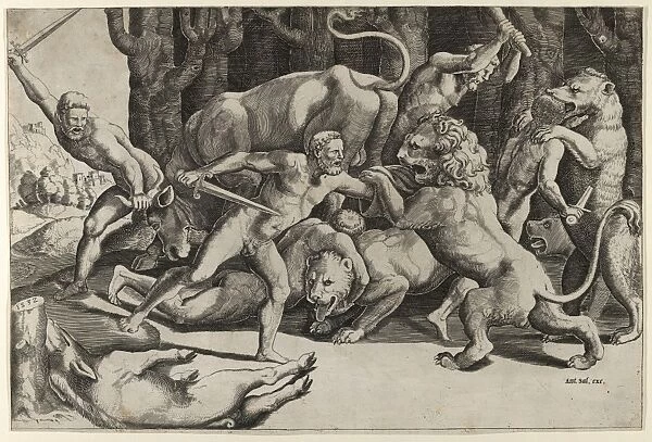 Drawings Prints, Print, Five, men, fighting, beasts, lower, left, fallen, boar, Artist
