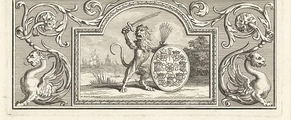 The Dutch lion holding a sword and quiver of arrows near a shield bearing the arms