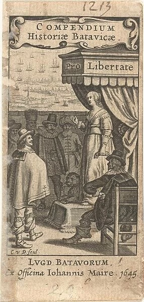 Dutch Virgin with lion on throne speaks to men from different countries, with title