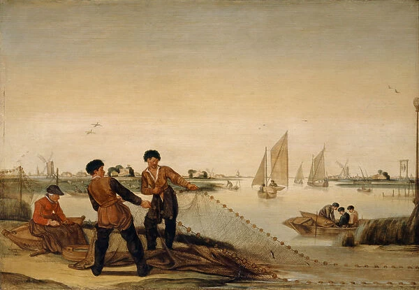 Two fishermen pull net ashore oil oak 31 x 44. 5 cm
