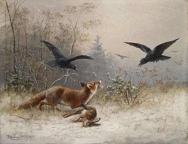 Fox hunting hare winter oil panel 21 x 26. 5 cm