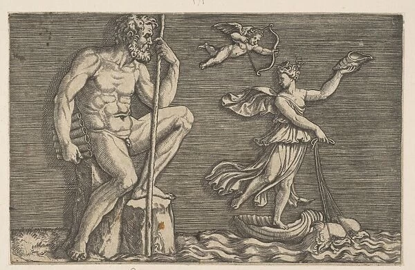 Galatea escaping Polyphemus seated rock holding