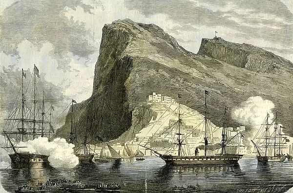 gibraltar, 1864, arrival, s. m. maximilien, gibraltar, vintage, old print, 19th century