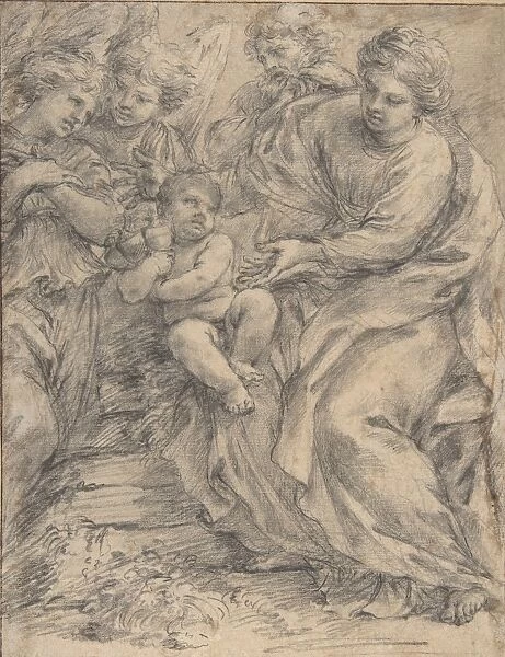 Holy Family Two Angels 1598-1654 Black chalk