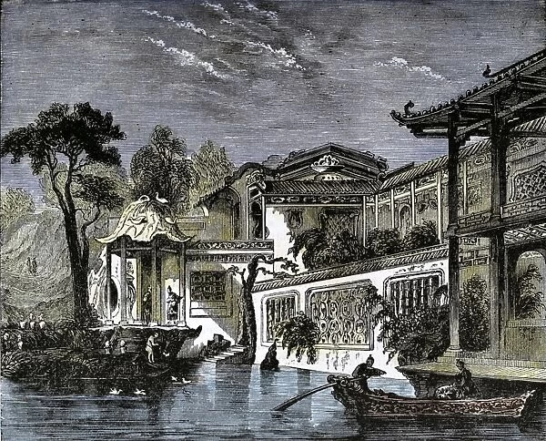 Honan canal, Canton, China. engraving 1858