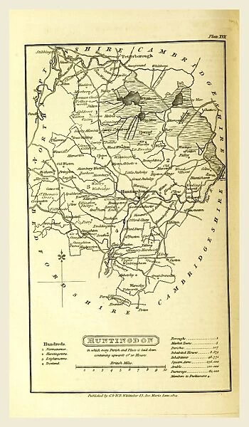 Huntingdon map, A Topographical Dictionary of the United Kingdom, UK, 19th century