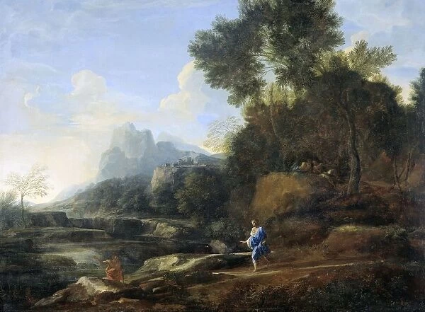 Italian Landscape Two figures meet banks river