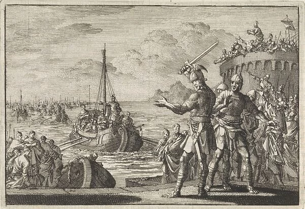 Josephus orders Klitus to cut off his left hand, print maker: Jan Luyken, Pieter Mortier