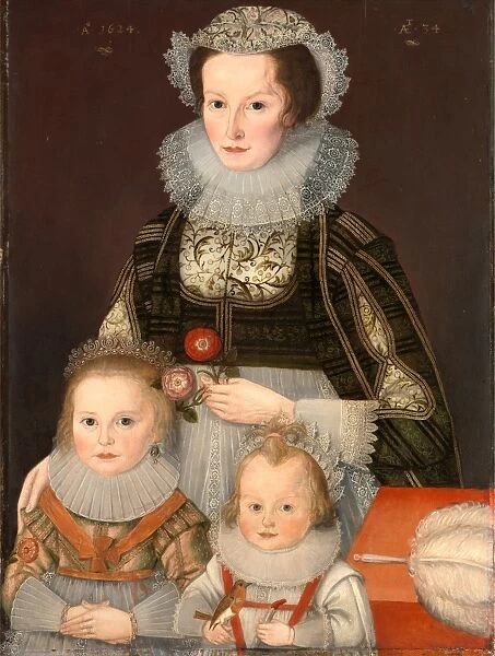 A Lady and Her Two Children Dated in gold paint, or shell gold, upper left: Au