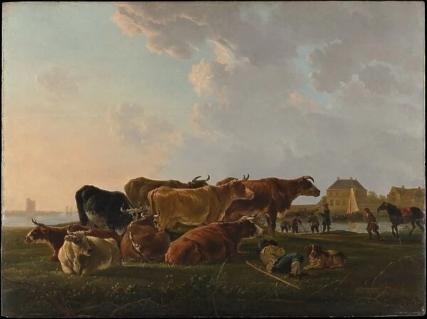 Landscape Cattle ca 1800 Oil wood 31 1  /  2 x 42 1  /  4