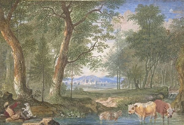 Landscape Cows Brook 1698 Gouache gum arabic