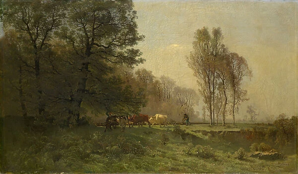 Landscape plowing peasants oil canvas 76. 5 x 130 cm