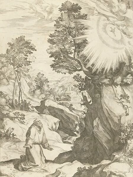 Landscape with vision of St. Francis of Assisi, print maker: Cornelis Cort, Girolamo
