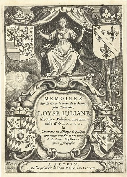 Louise Juliana of Orange-Nassau enthroned under canopy, print maker: Cornelis van Dalen I