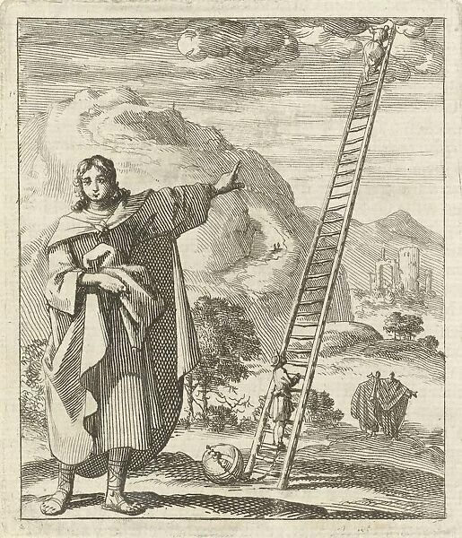 Man pointing ladder reaches earth heaven rests