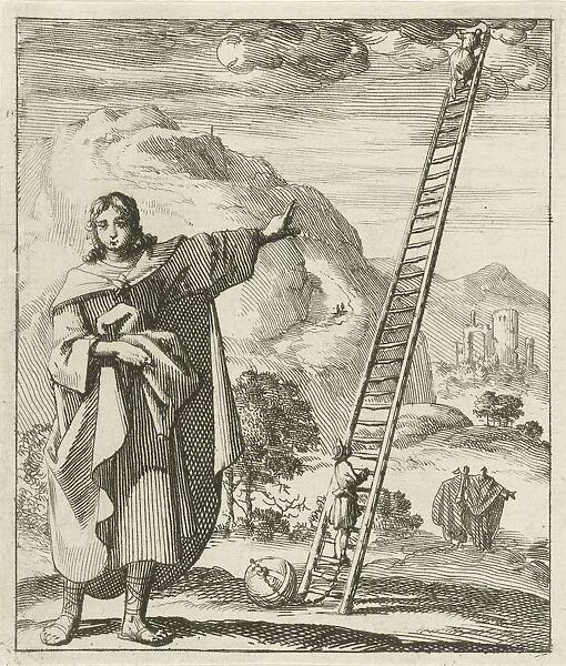 Man pointing ladder reaches earth sky rests half done work
