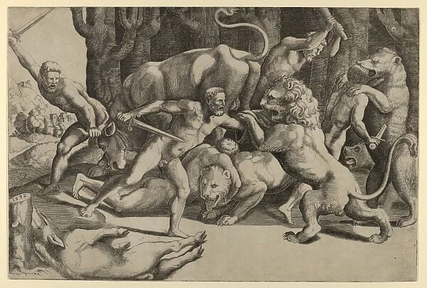 Five men fighting beasts, lower left, fallen boar, Master, Die, Italian, active Rome, ca