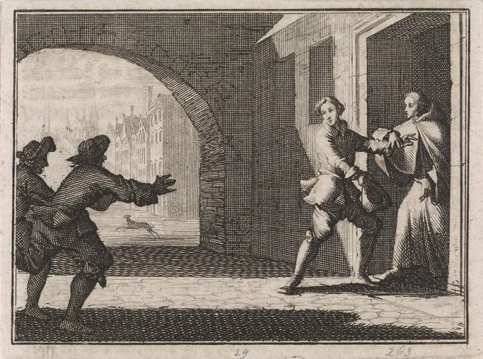Framed Print : Two men trying to prevent a boy from joining the monastery, Caspar Luyken, Christoph Framed Print : Two men trying to prevent a boy from joining the monastery, Caspar Luyken, Christoph