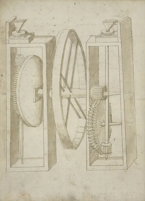 Framed Print : Two mills wheel Edificij et machine MS Martini