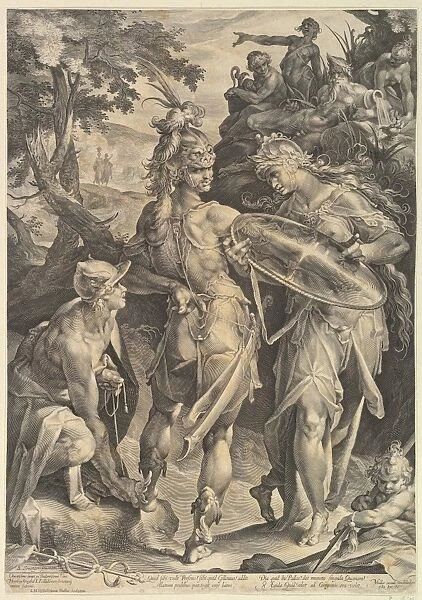 Minerva & Mercury Arming Perseus 1604 Engraving