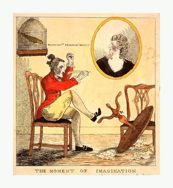 The moment of imagination, engraving 1785, Edward Topham, a pen in his hand, has