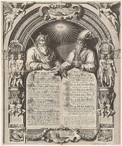 Moses and Aaron with the Tablets of the Law, Simon Frisius, Gerard Valck, 1670 - 1726