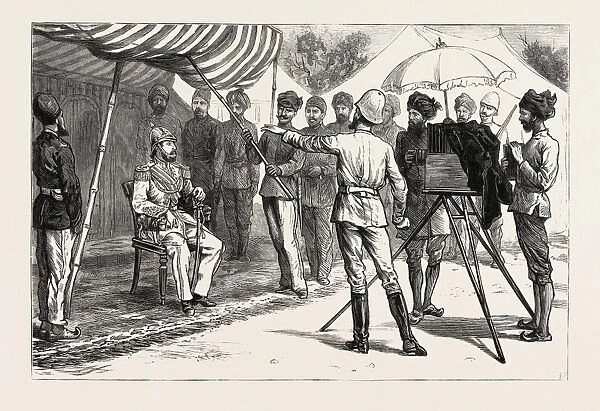 Mr. Burke Posing the Ameer, the Ameer Yakoob Khan at Gandamak, Afghan War, Engraving 1882