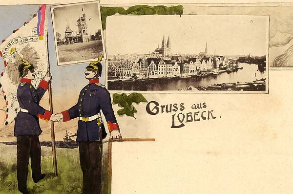 Multiview postcards Flags Lübeck Military