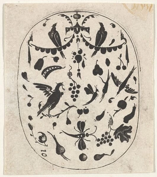 Oval Blackwork Print Birds Insects Fruits ca