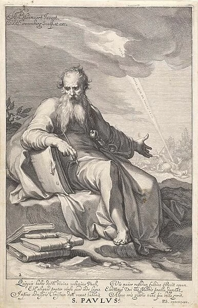 Paul in a landscape, he leans on a book and holding a pen, against his leg resting
