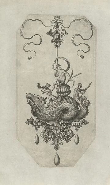 Pendant with dragon with a double shell on his back, print maker: Adriaen Collaert
