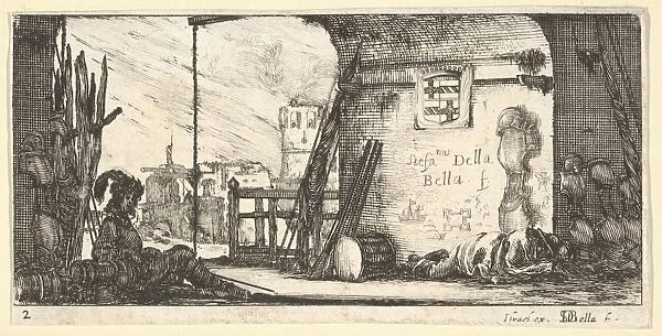 Plate 2 soldier seated left beneath archway another lying