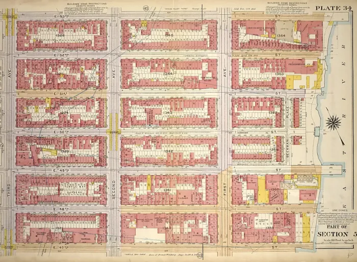Framed Print : Plate 34, Part of Section 5: Bounded by E. 53rd Street, First Avenue, E. 47th Street