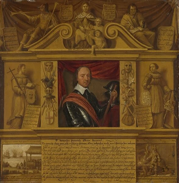 Portrait of Oliver Cromwell, in a Frame with Allegorical Figures and Historical Representations