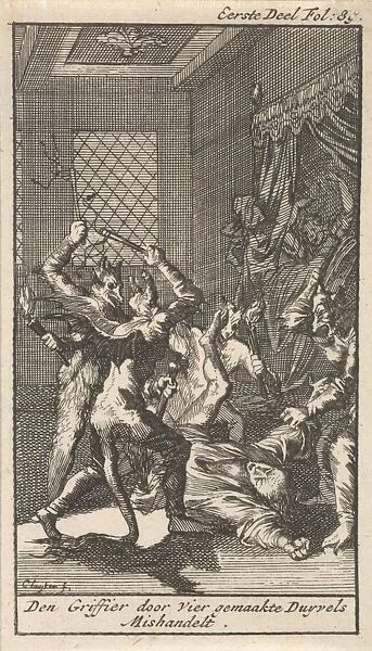 The Registrar is attacked by four men dressed as devils, Caspar Luyken, Jan Claesz