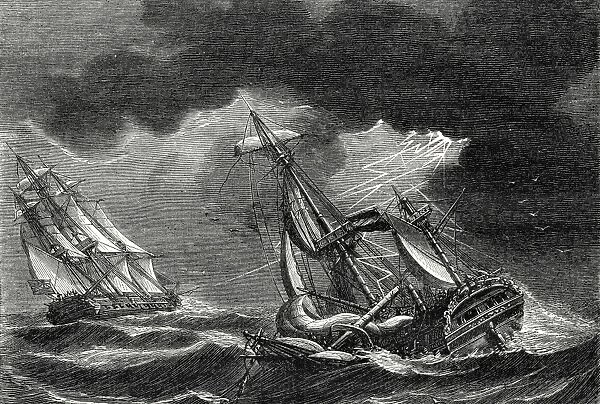 The ship of Captain Cook is spared thanks to his lightning rod, while a Dutch ship