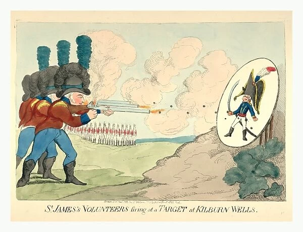St. Jamess volunteers firing at a target at Kilburn Wells, engraving 1803, British