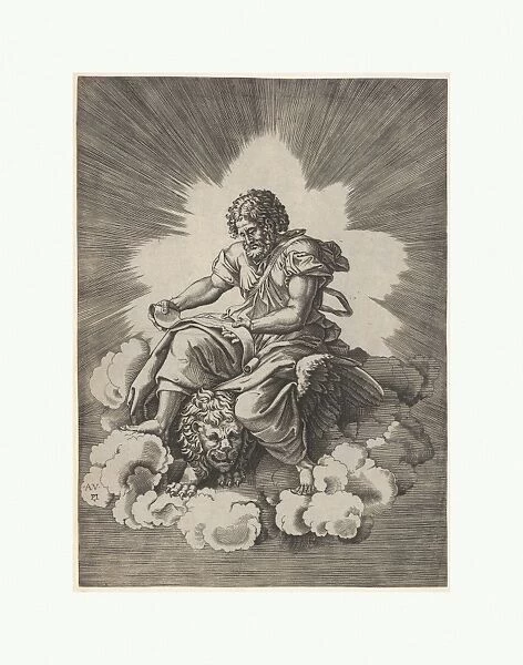 St Mark seated unfurled scroll hands winged lion