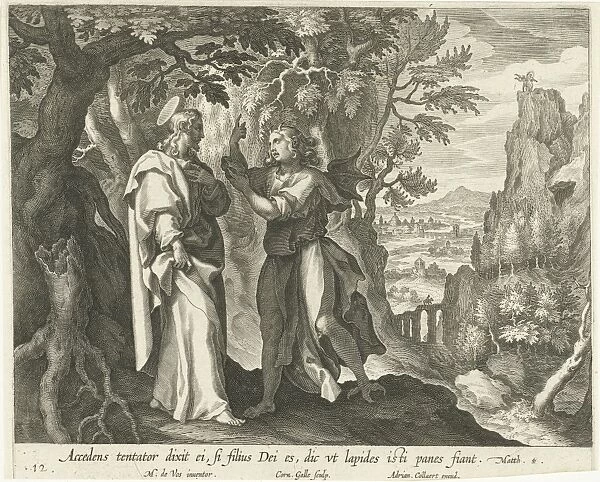 Temptation of Christ in the Desert, print maker: Cornelis Galle I, Maerten de Vos