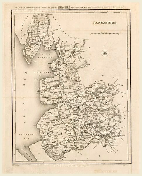 A Topographical Dictionary of England, Lancashire, map, 19th century engraving
